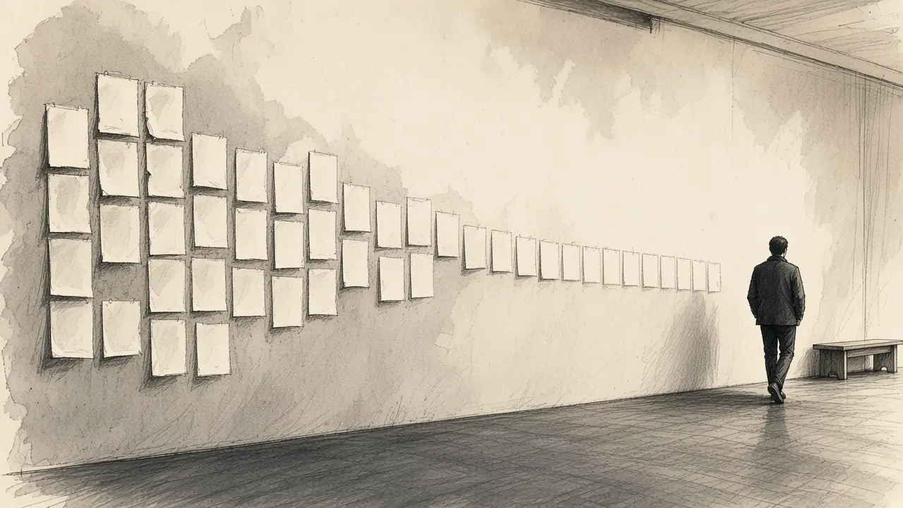 A corridor wall that clears from crowded notices to one simple bench.