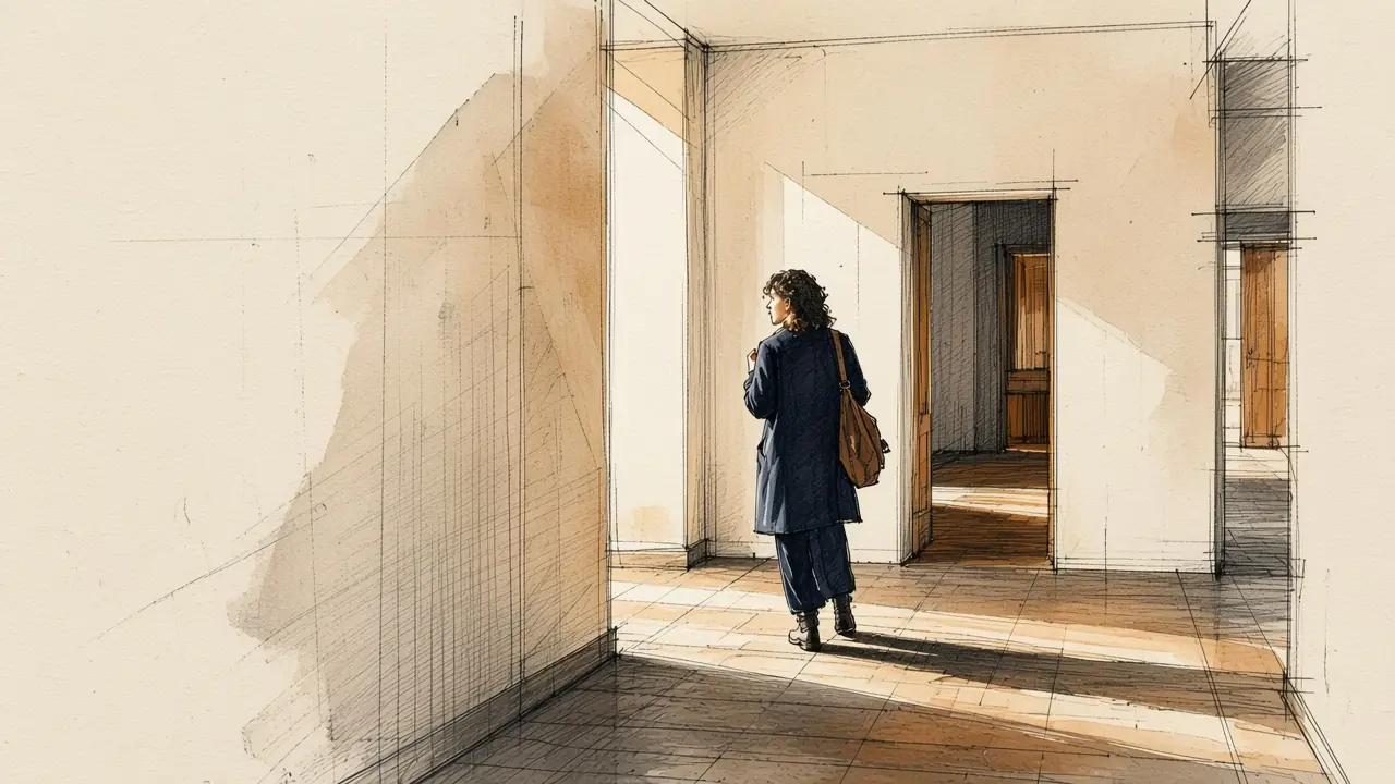 A person paused just inside an entrance, looking for which way to go.