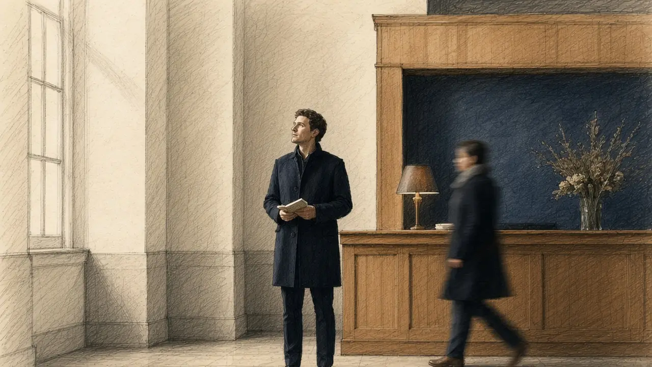 A man standing still in a tall lobby, observing the space while someone walks past.