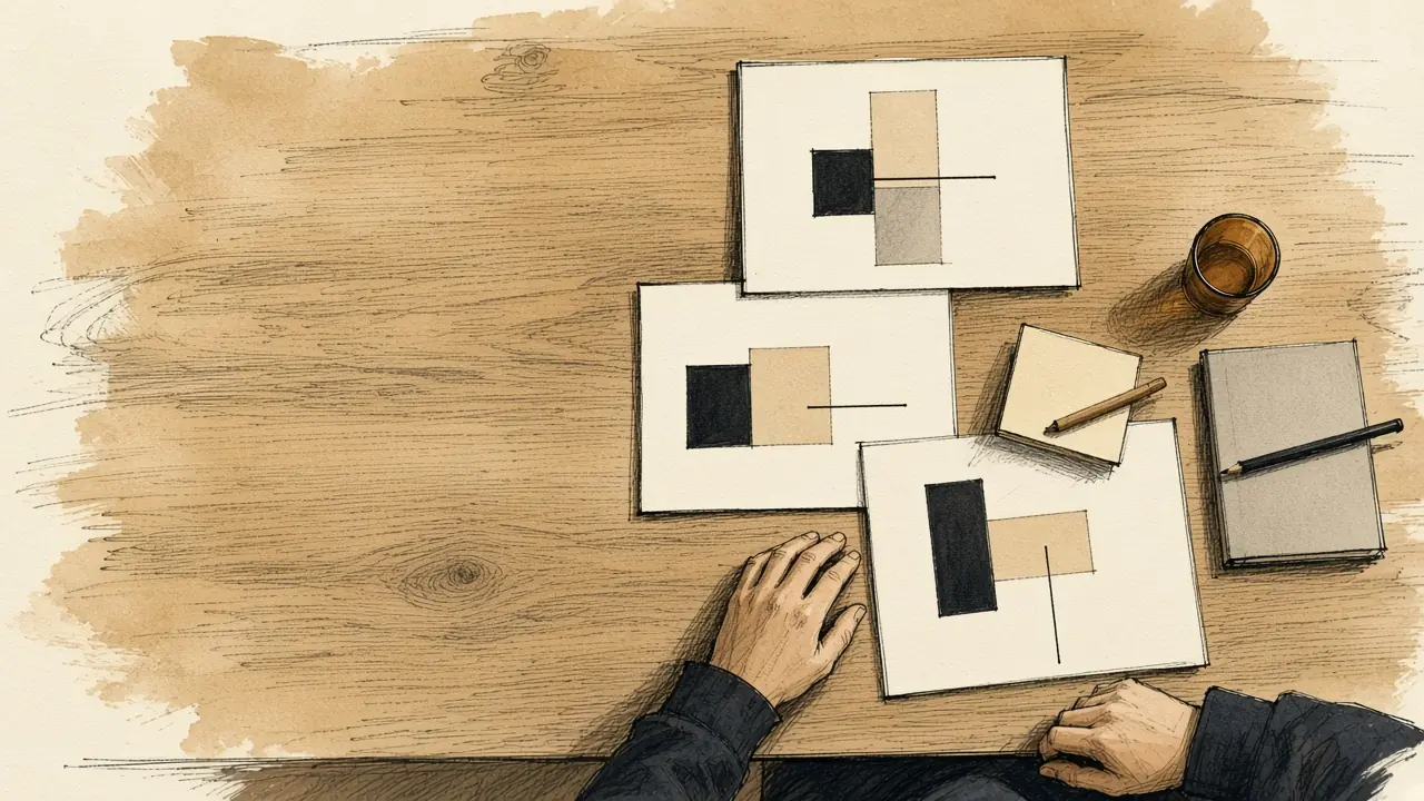 Three printed options on a table, one pulled forward.
