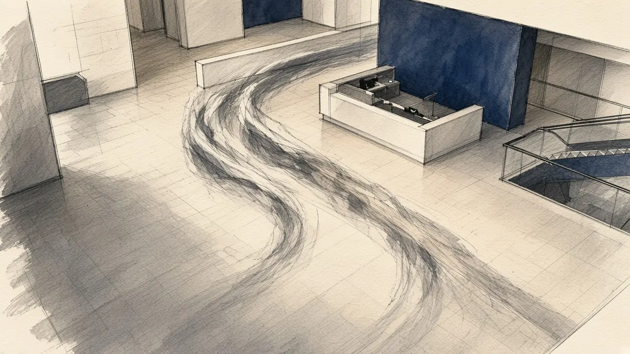 A public interior with two walking routes visible as motion trails.